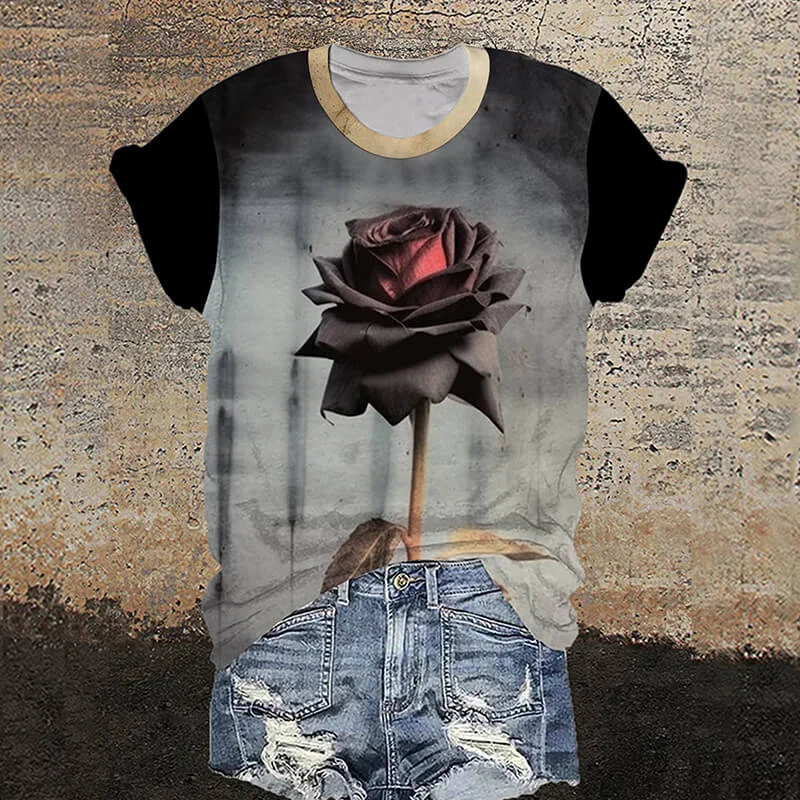 One Rose Round Neck Gothic T-Shirt-- Cotton Fabric Linen Fabric Terry Fabric
