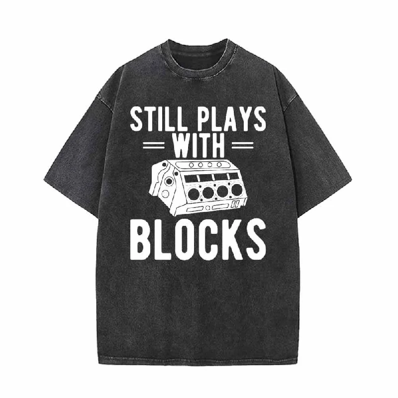 Still Plays With Blocks Vintage Washed T-shirt-- Print Jacquard Patchwork