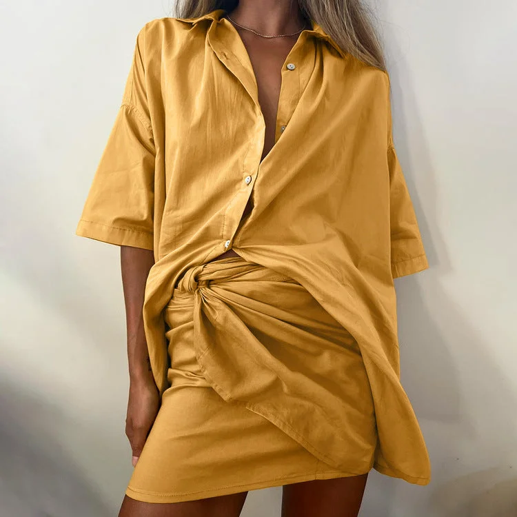 Graceful Fashionable Set Design Lace up Skirt Loose Short Sleeved Collared Shirt Two Piece Set for Women-- Terry Blend Velvet Blend Canvas Blend Graceful Fashionable Set Design Lace up Skirt Loose Short Sleeved Collared Shirt Two Piece Set for Women-- Terry Blend Velvet Blend Canvas Blend