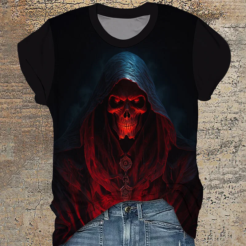 Gothic Skull Death Round Neck T-Shirt-- Seamless Knitted Crochet