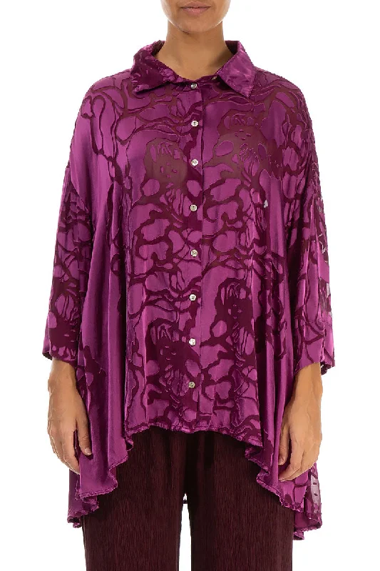 Loose Floral Magenta Silk Shirt-- Hooded Caped Shawl Collar