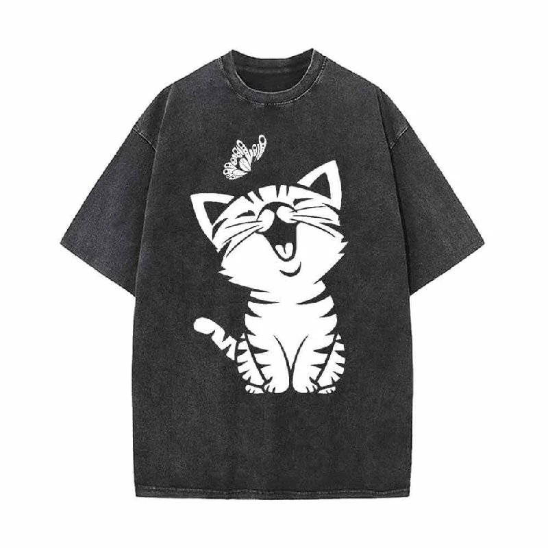 Cute Cat Kitten Playing with Butterfly Vintage Washed T-shirt -- Basic T-Shirt Crew Neck Short Sleeve