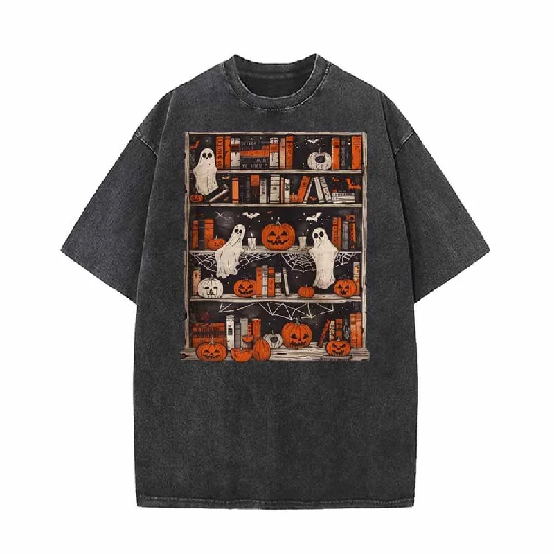 Pumpkin Head Ghost Bookshelf Vintage Washed T-shirt-- Ribbed T-Shirt High Neck Heavyweight