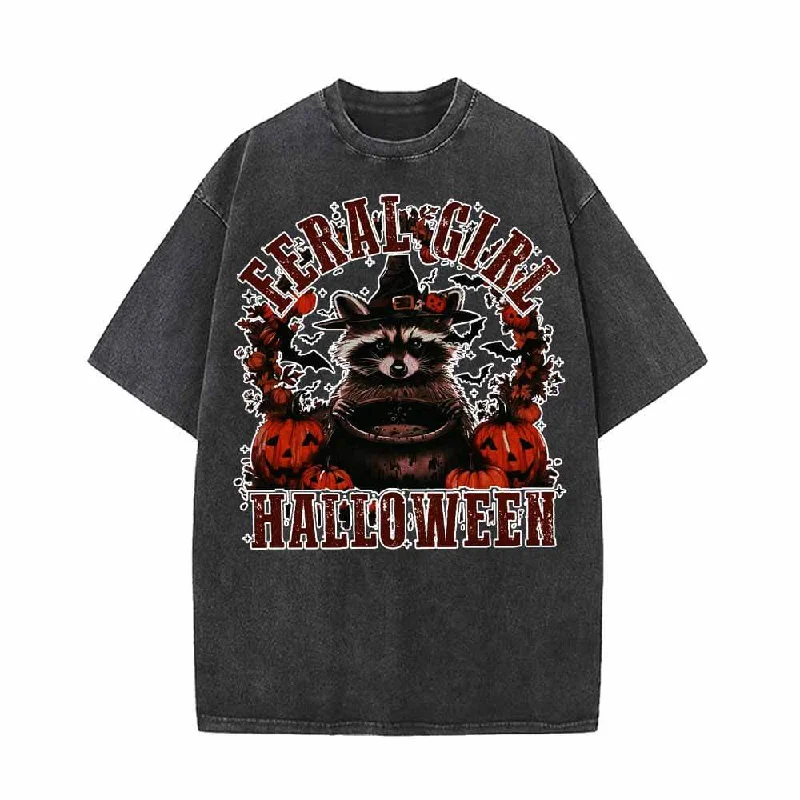 Feral Girl Raccoon Vintage Washed T-shirt-- Solid Print Embellished
