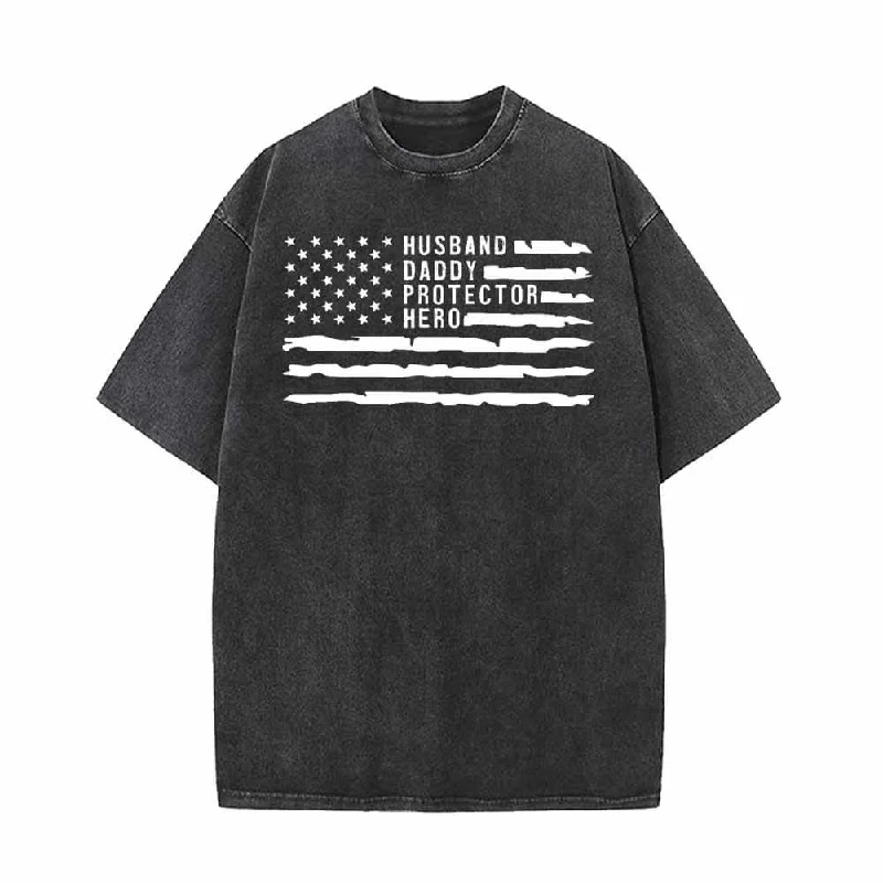 Husband Daddy Protector Hero USA Flag T-shirt-- Asymmetrical Pockets Print