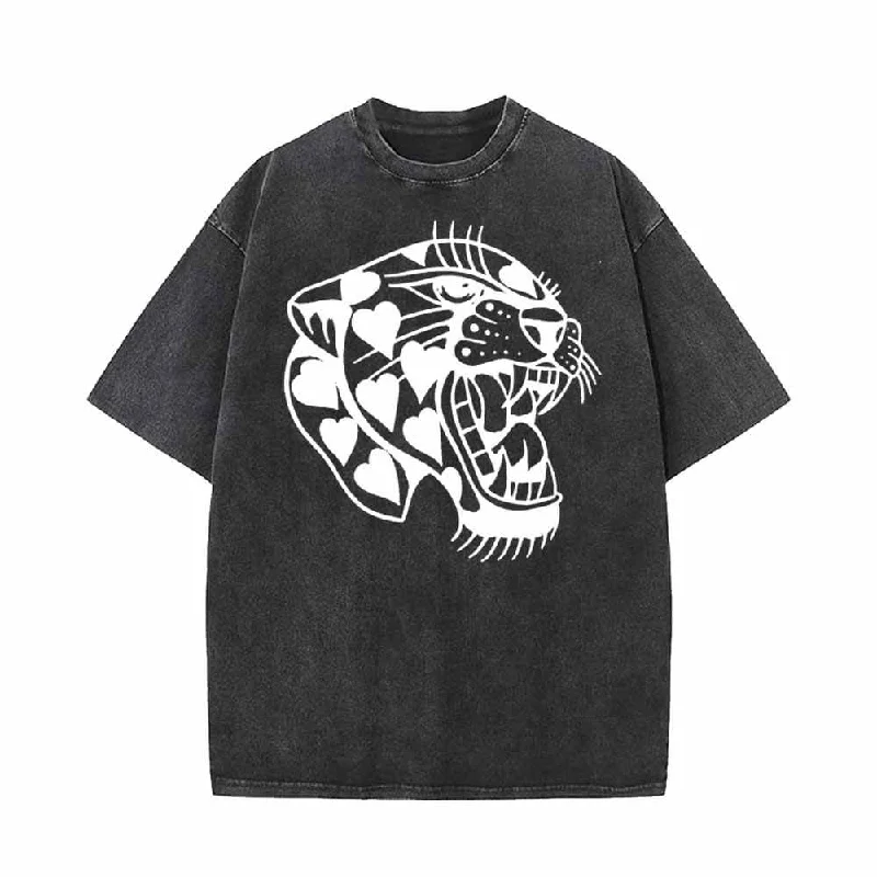 Vintage Washed Heart Roaring Tiger T-shirt-- Hooded Caped Shawl Collar