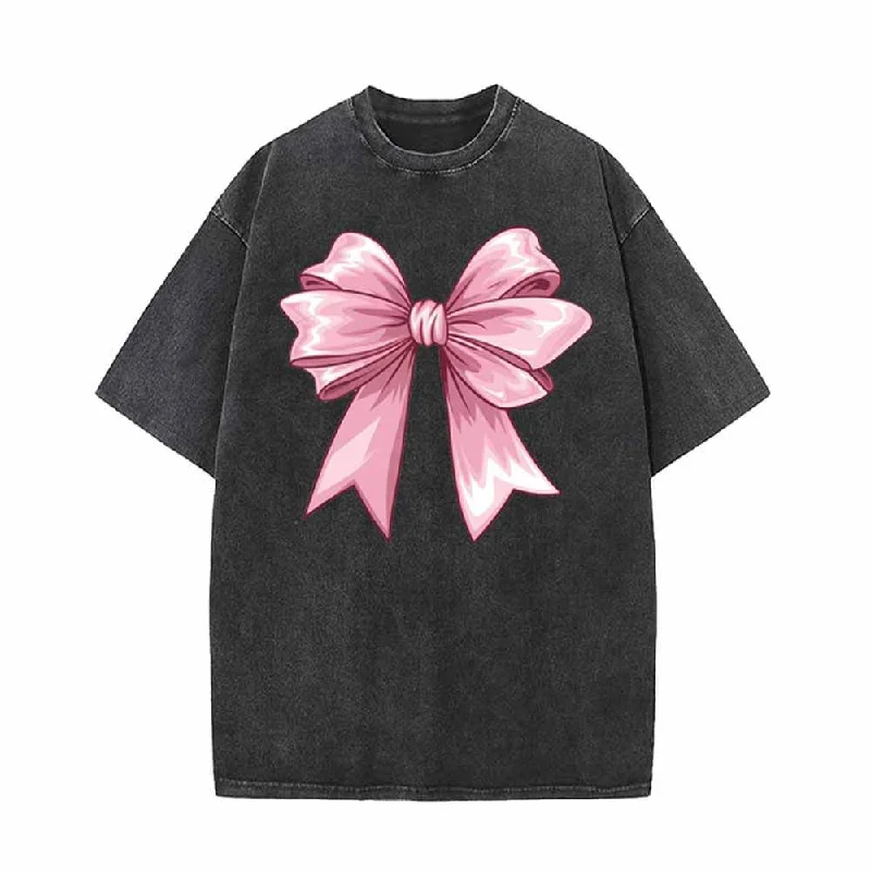 Pink Fluffy Bow Vintage Washed T-shirt-- Front Pockets Side Pockets Patch Pockets
