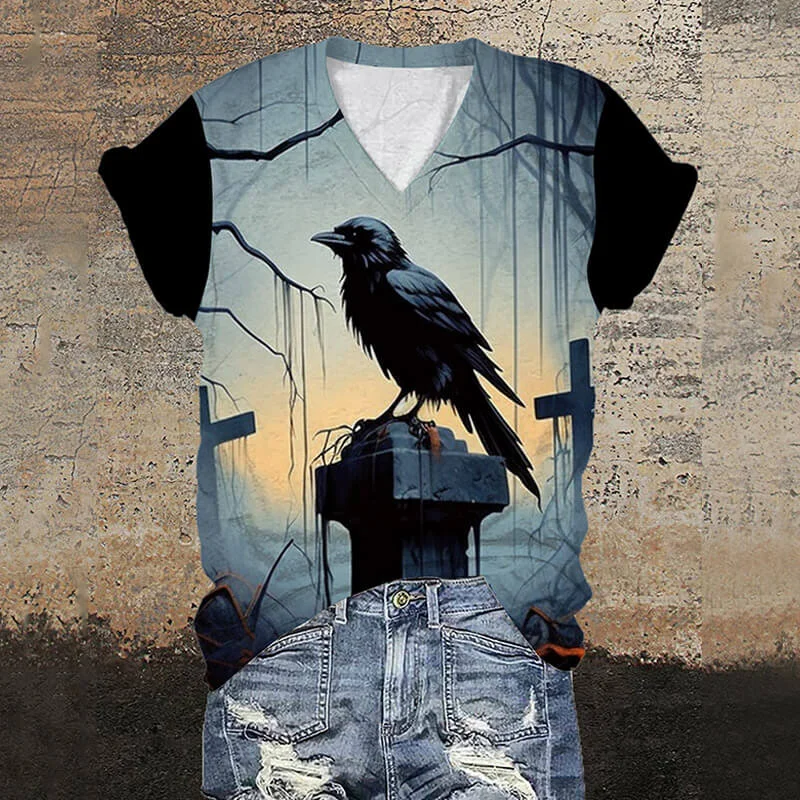Gothic Raven Cross V-Neck Short Sleeve T-Shirt-- Sequined Glittery Shiny