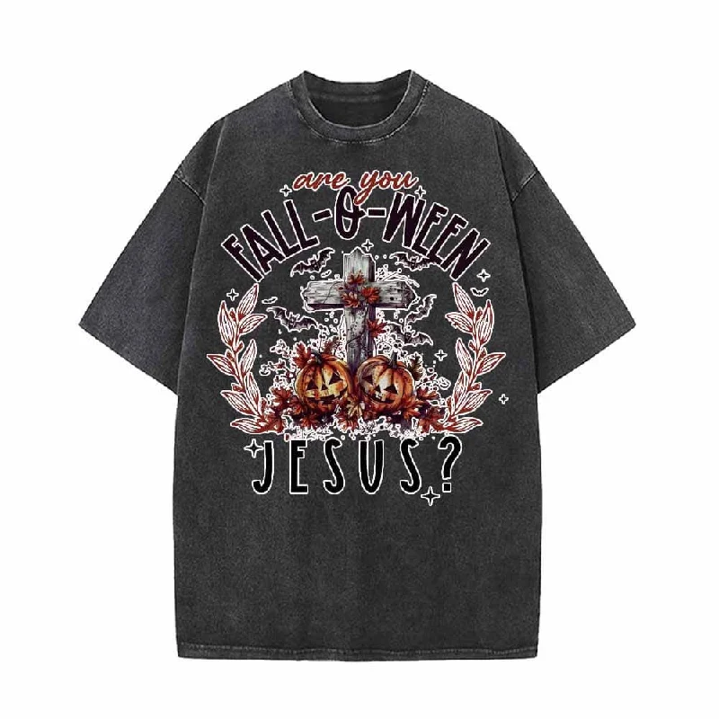 Bat Pumpkin Head Cross Halloween Vintage Washed T-shirt-- Thin T-Shirt Open Front Quick Dry