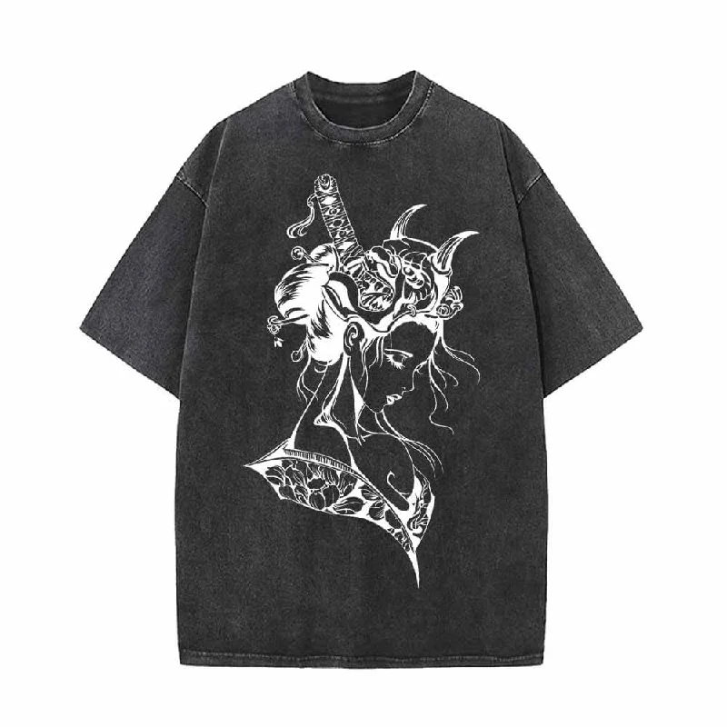 Japanese Samurai Geisha Vintage Washed T-shirt-- Seamless Knitted Crochet