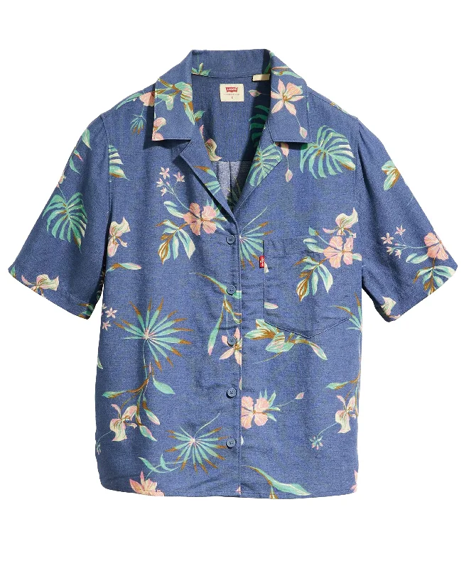 Joyce Resort Shirt - Delilah Floral Coastal Fjord-- Zippered Buttoned Snapped