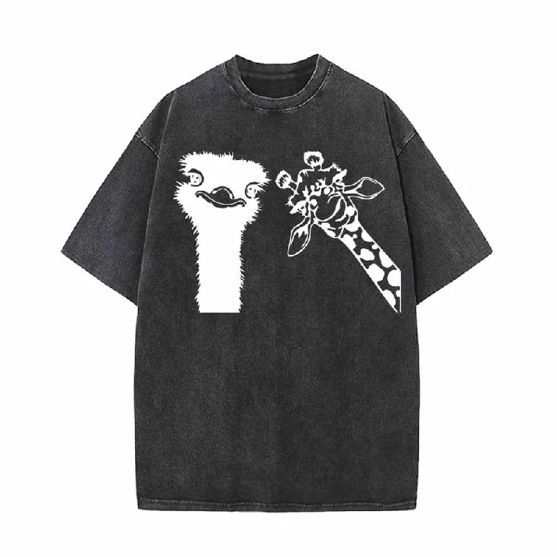 Ostrich And Giraffe Cute Vintage Washed T-shirt-- Striped Floral Plaid