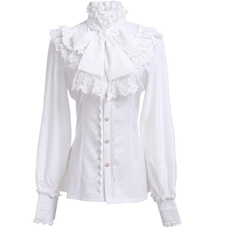 Gothic Bow Lace Stand Collar Shirt-- Hooded Caped Shawl Collar