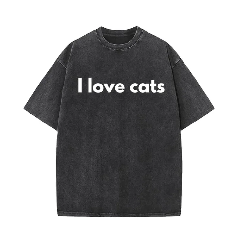 I Love Cats Vintage Washed T-shirt-- Collared Crew Neck Turtle Neck