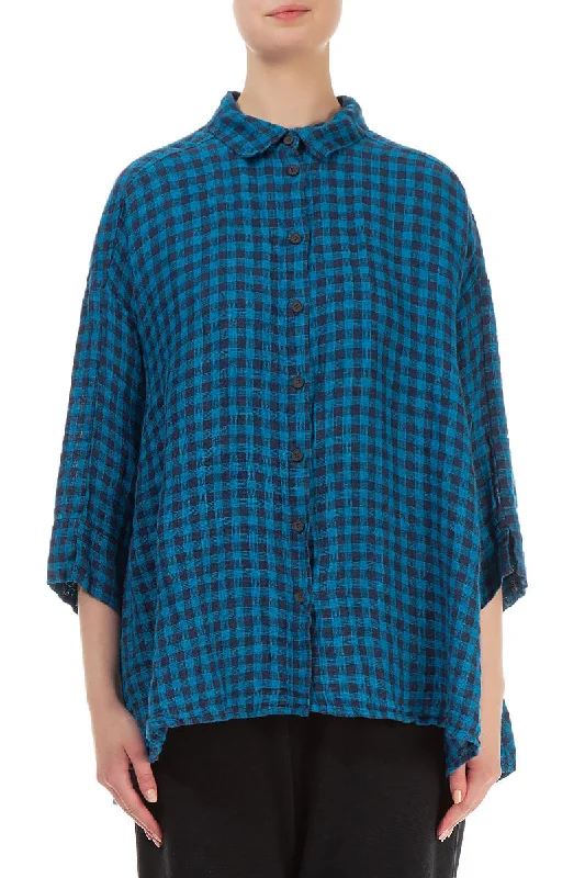 Loose Blue Check Linen Shirt-- Plaid T-Shirt Polka Dot Checkered