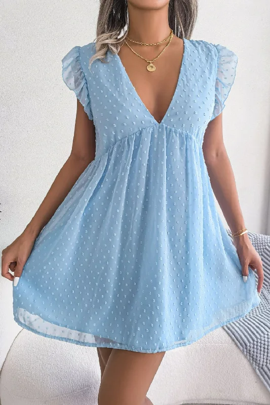 Swiss Dot Deep V Ruffle Shoulder Mini Dress Trendy Camisole Mini Dress
