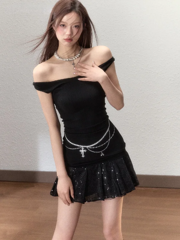 Black Pearl Chain Sequin Patchwork Mini Dress Fashionable Summer Mini Dress
