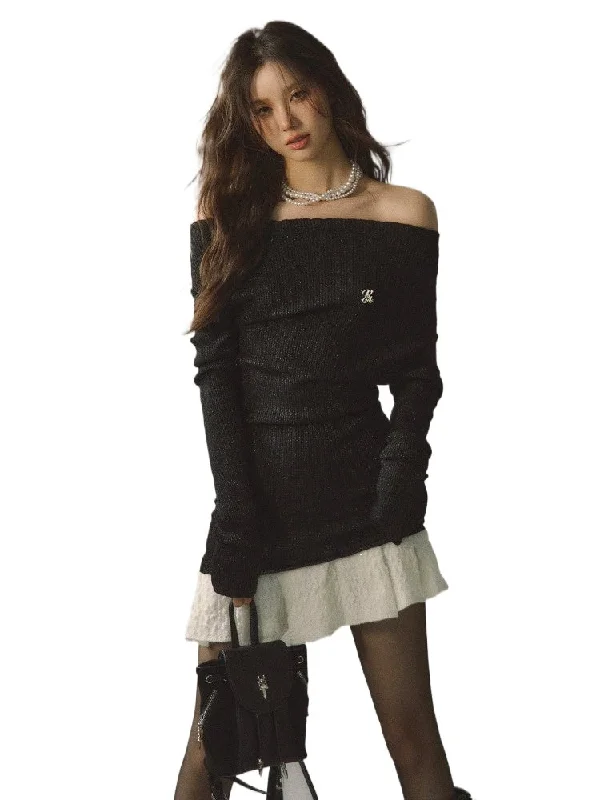 Khaki & Black Off-shoulder Knitted Mini Dress Comfortable Bodycon Mini Dress