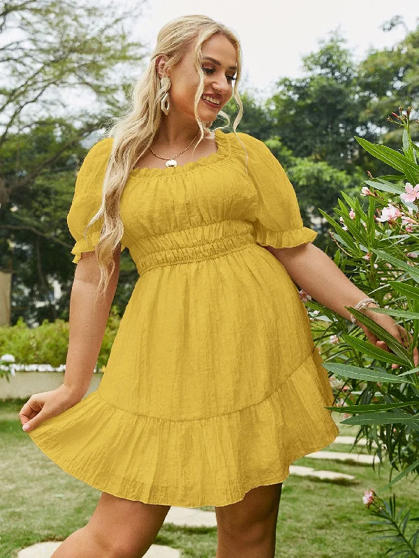 Plus Size Flounce Sleeve Ruffle Hem Mini Dress Fashionable A-Line Mini Dress