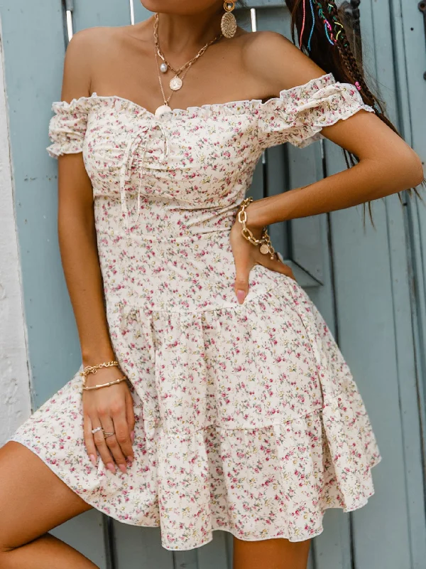 Floral Off-Shoulder Tiered Mini Dress Chic Tropical Mini Dress