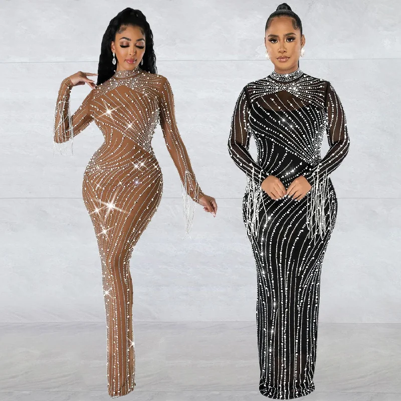 IKEARLAX  Z2215 Cross-Border Autumn and Winter New  European and American Women's Clothing Sexy Mesh Rhinestone Nightclub Party Long Dress Crew Neckline Casual