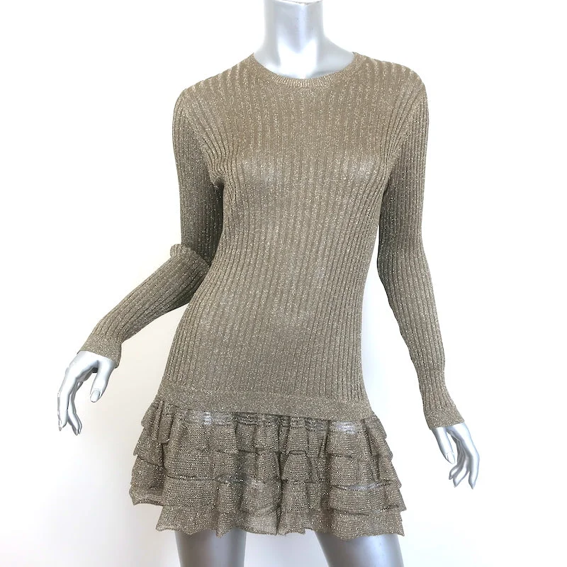 Valentino Long Sleeve Ruffled Mini Dress Gold Metallic Ribbed Knit Size 38 Stylish Puff Sleeve Mini Dress
