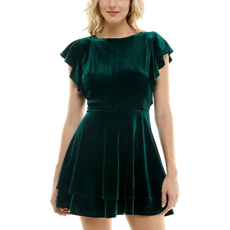 Juniors Womens Velvet Flutter Sleeves Fit & Flare Dress Square Neckline Feminine