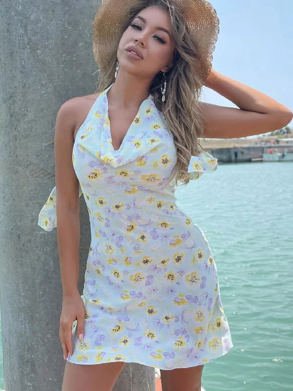Floral Halter Neck Zip-Back Mini Dress Trendy Mini Dress with Belt