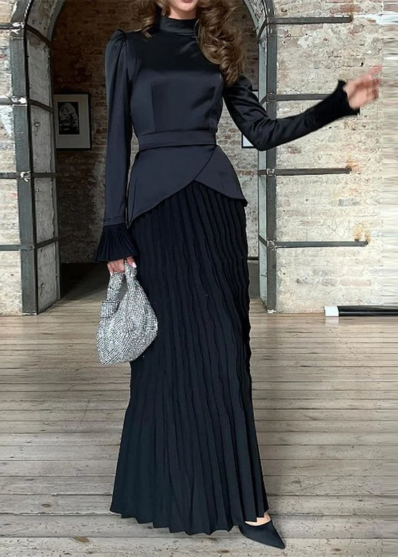 Fashion Black Wrinkled Patchwork Silk Long Dress Fall WO049 Tunics Luxurious high-end