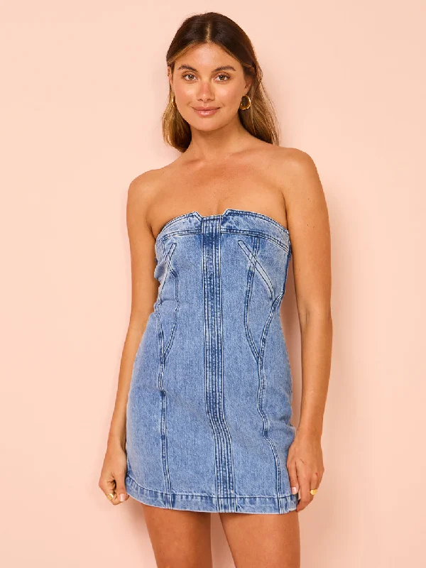 By Johnny Vivienne Denim Mini Dress in Blue Wash Comfortable Wrap Mini Dress