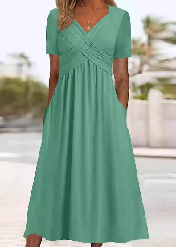 New Green V Neck Pockets Solid Cotton Long Dress Summer QA026 Tunics Corduroy durable