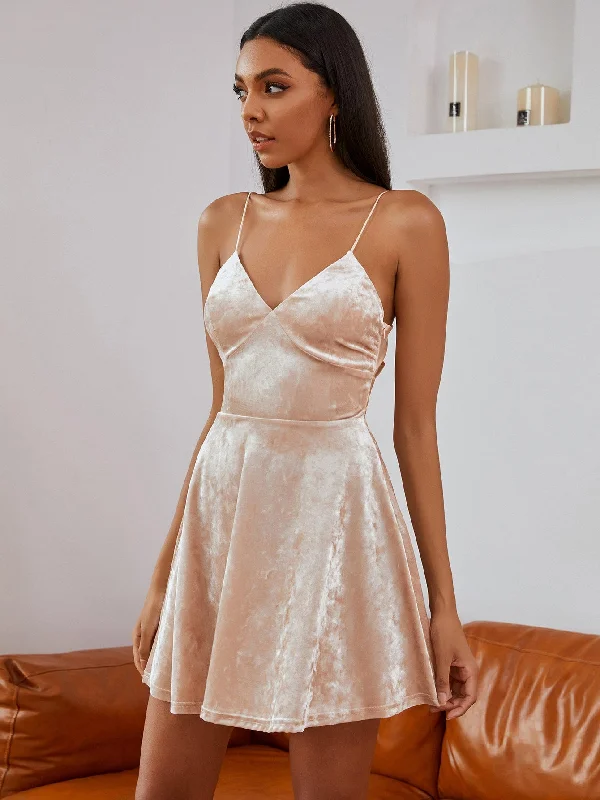 Velvet Tie-Back Spaghetti Strap Mini Dress Chic Halter Mini Dress