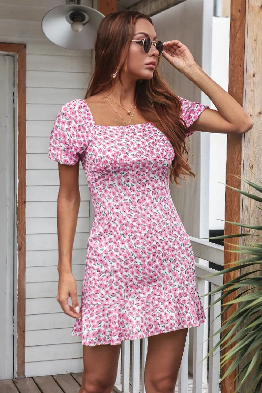 Floral Ruffle Hem Smocked Back Mini Dress Stylish Short Sleeve Mini Dress