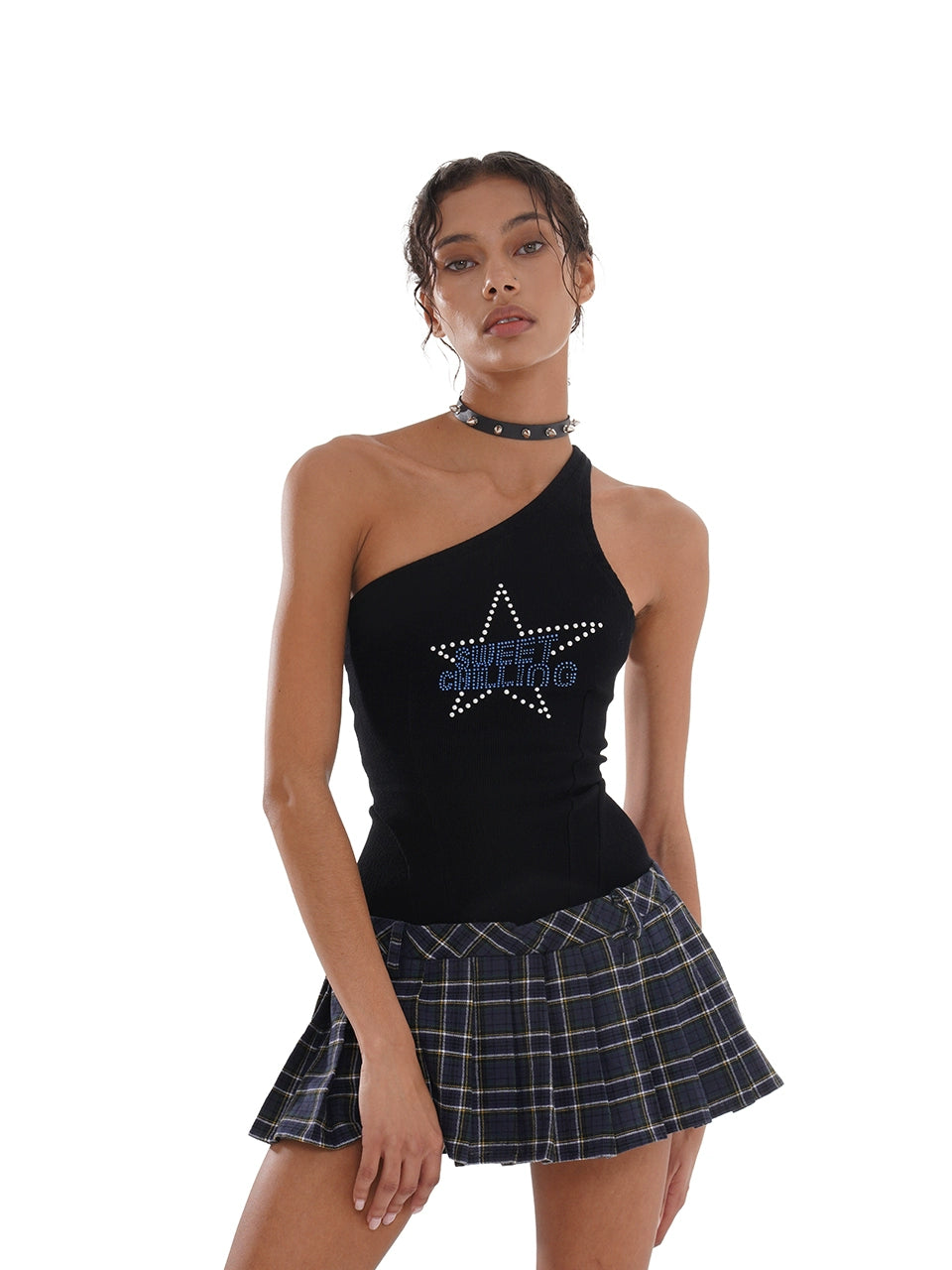 Black 'Punk Star' One-shoulder Pleated Mini Dress Classic Floral Mini Dress
