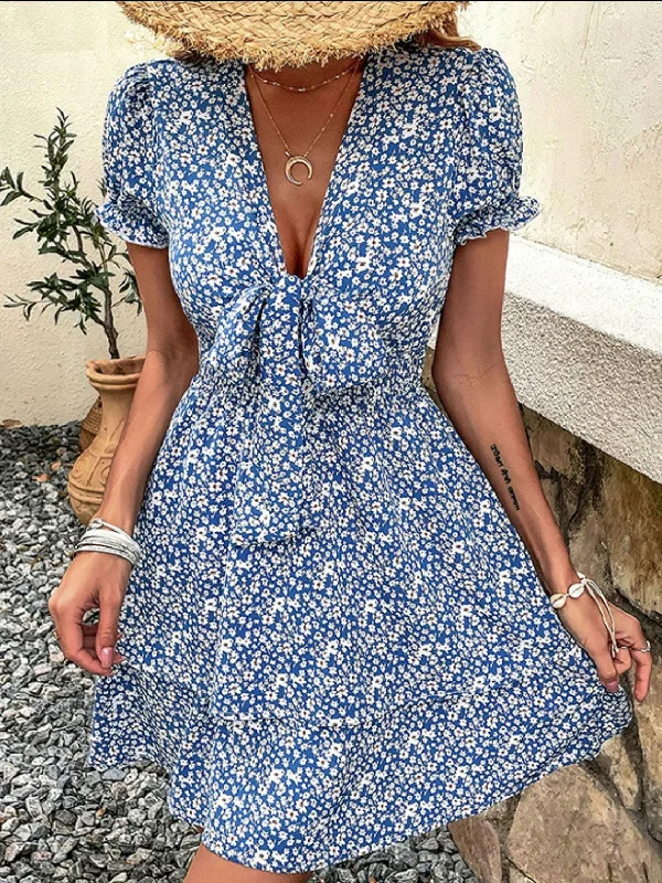 Floral Layered Plunge Mini Dress Elegant Mini Dress with Pleats