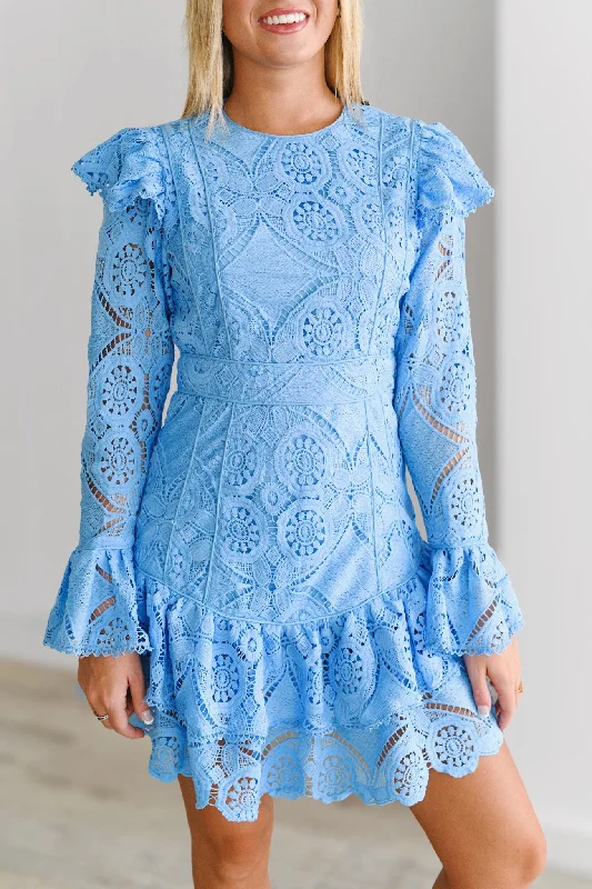Kimmy Lace Ruffle Long Sleeve Mini Dress-Skyblue Fashionable Lace-Trim Mini Dress