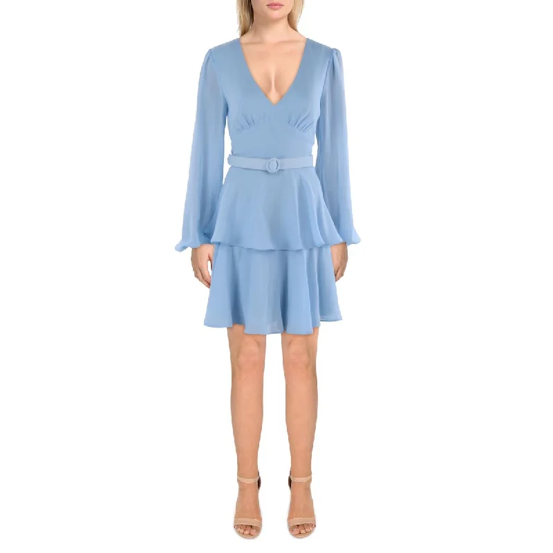 Juniors Womens Crepe V-Neck Fit & Flare Dress Tunics Silk luxurious