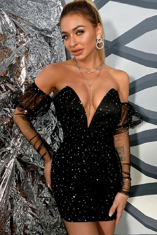 Glitter Ruched Mesh Sleeve Mini Dress Fashionable Off-Shoulder Mini Dress