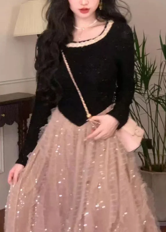 French Colorblock O Neck Patchwork Tulle Long Dress Fall QX035 Crew Neckline Sporty
