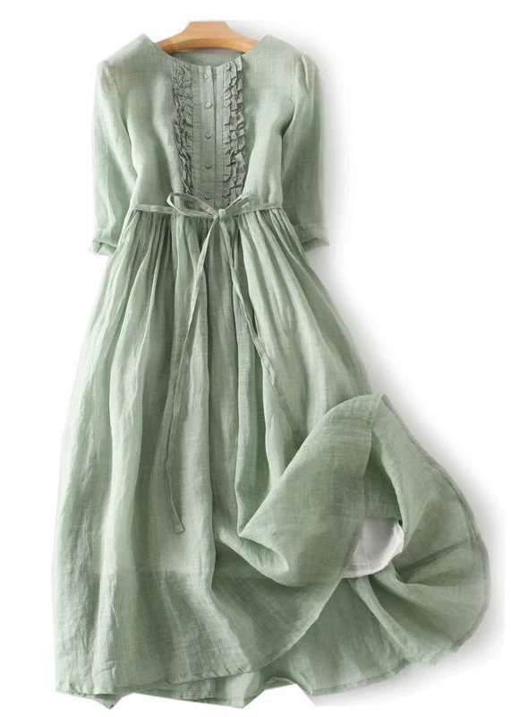 Elegant Green Ruffled Button Tie Waist Cotton Long Dress Half Sleeve QA030 Tunics Ceremony elegant
