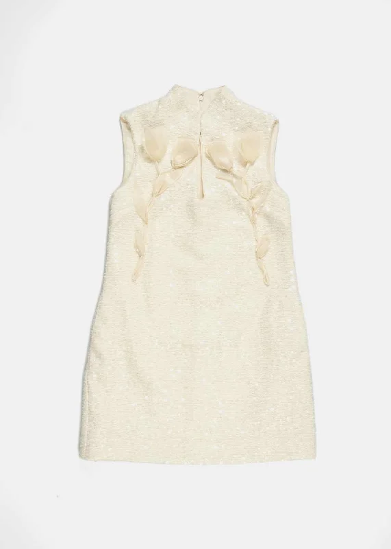 Cream Boucle Flower Motif Mini Dress Stylish Button-Down Mini Dress