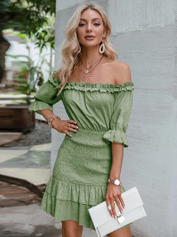 Frill Trim Off-Shoulder Layered Mini Dress Stylish Ribbed Mini Dress