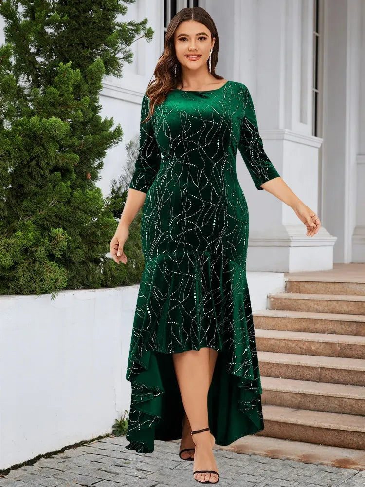 Zjkrl - Evening Dresses Women's Velvet Vintage Long Sleeves Luxury Plus Size Formal Bridesmaid Party Prom Dress Stylish Bodycon Vestido Boatneck Modish Everyday