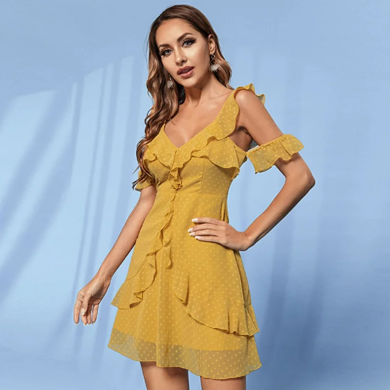 Polka Dot Ruffled Cold-Shoulder Mini Dress Trendy Bodycon Mini Dress