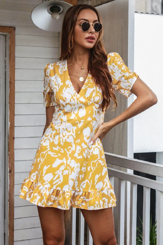 Printed Deep V Gathered Short Sleeve Mini Dress Cozy Long Sleeve Mini Dress