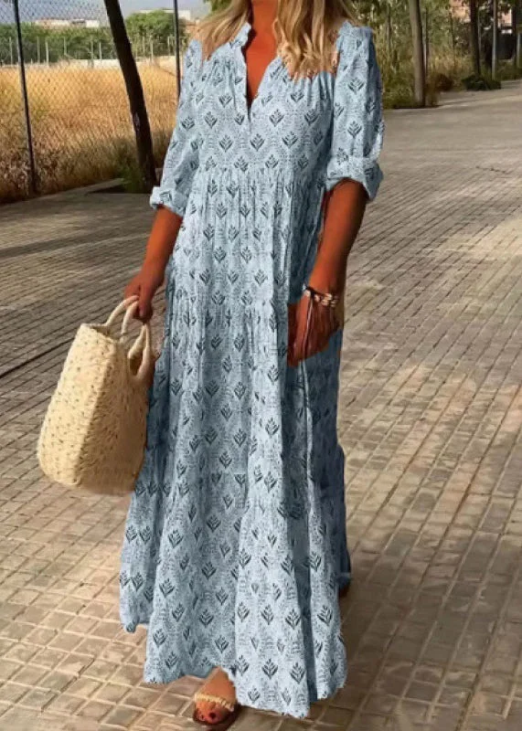 Loose Sky Blue V Neck Print Maxi Dresses Fall QA031 Tunics Sale discount