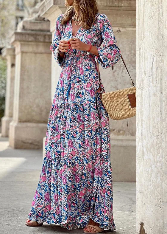 Rose Tie Waist Fall Maxi Dress V Neck QA024 Tunics Short Trendy