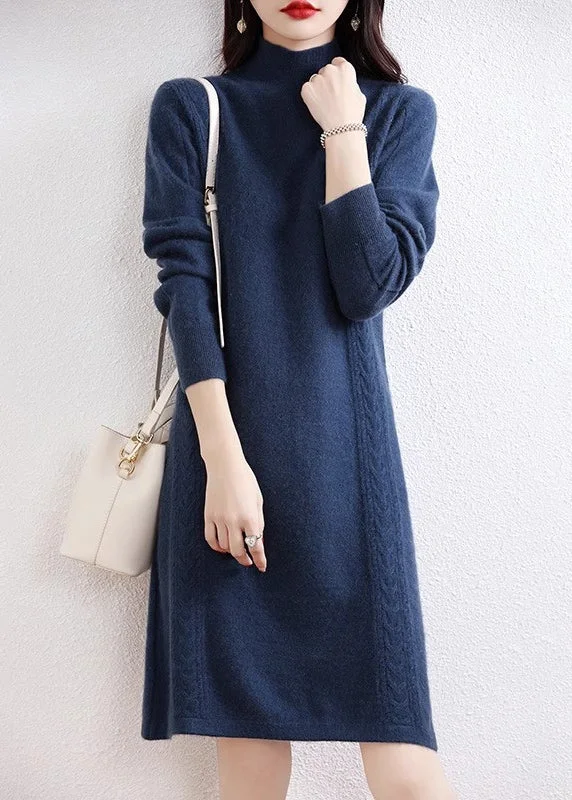 Elegant Navy Turtleneck Solid Wool Knit Sweater Dress Fall QX022 empire Waist empire