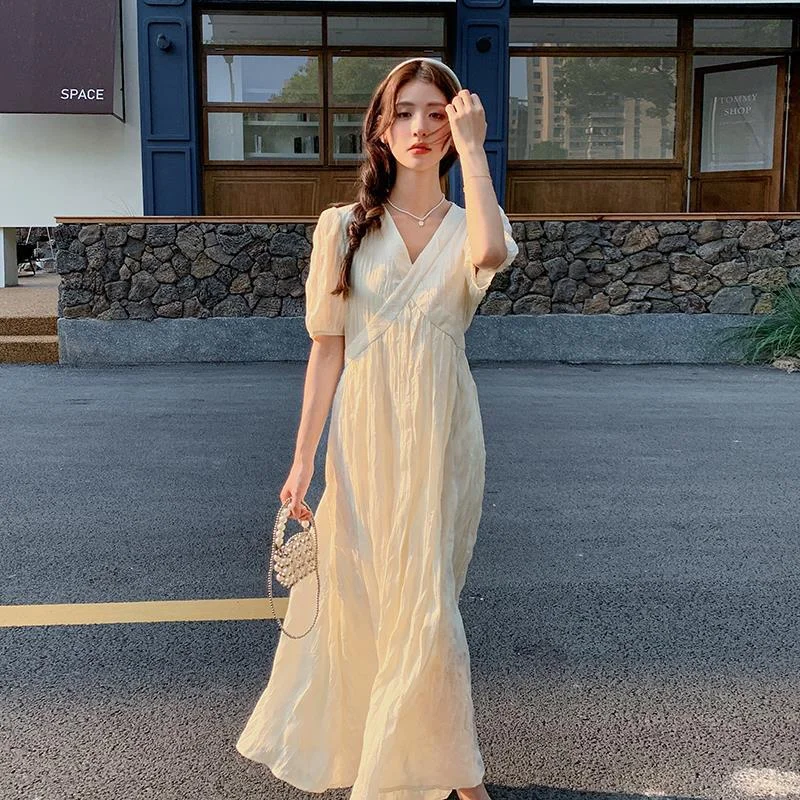 IKEARLAX  Factory V-neck Dress Women's Summer High Waist Slimming Fairy Lady Super Fairy This Year Popular High-Grade Beautiful below the Knee Long Dress Tunics Favorite customer