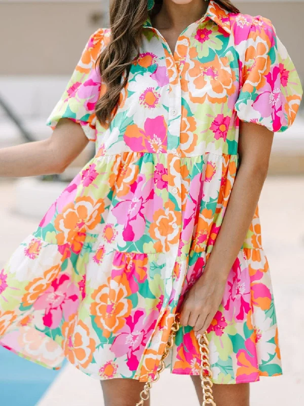 Feminine Floral Mini Dress Stylish Button-Down Mini Dress